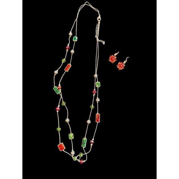 Festive Multicolor Beaded Necklace & Snowflake Earrings Set - Picture 5 of 9